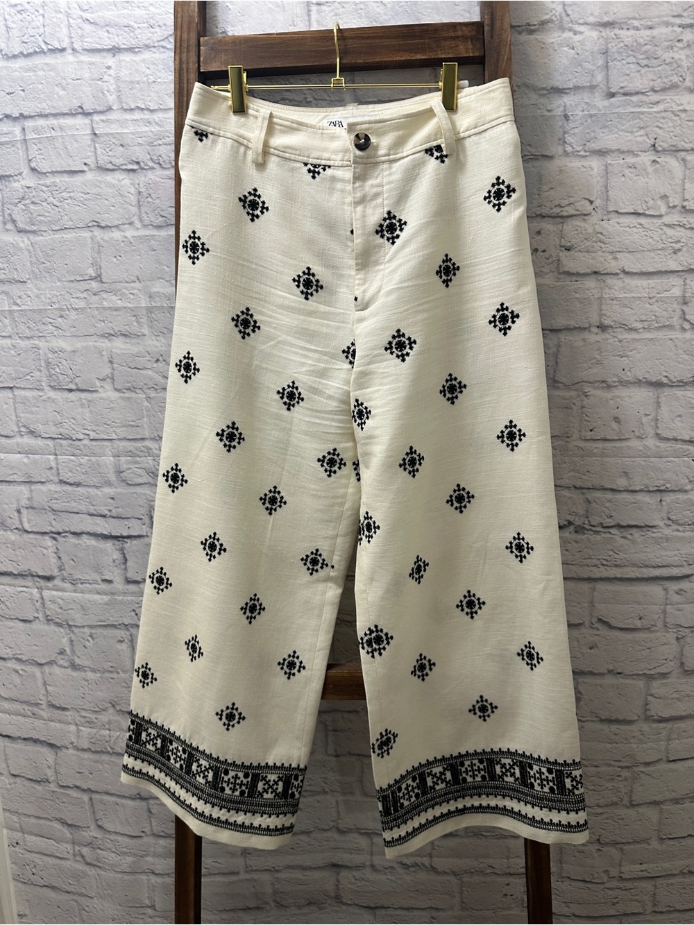 Zara Cream Wide-Leg Pants with Black Embroidery